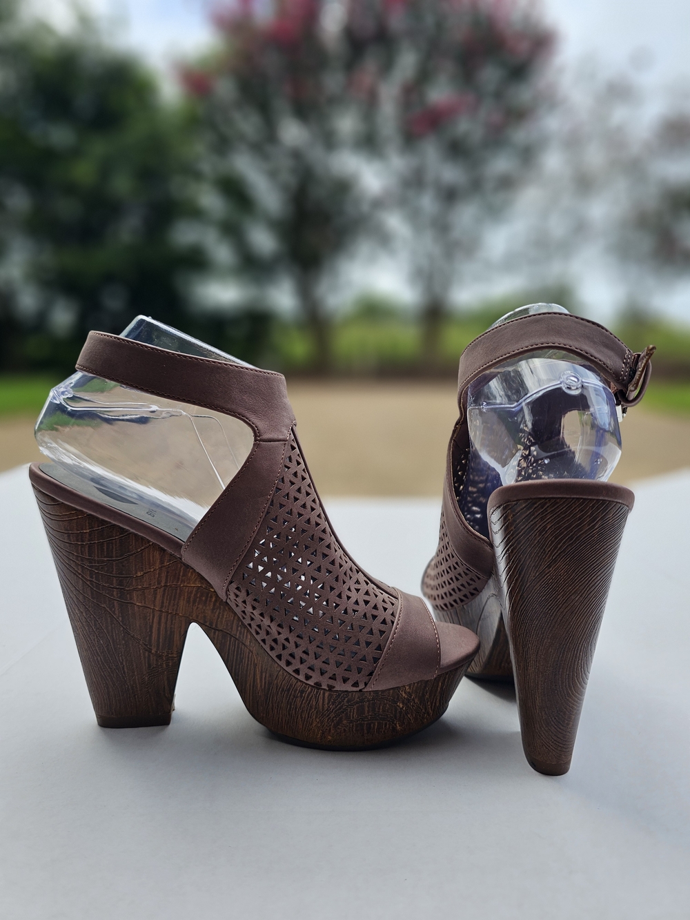 Guess Brown Laser-Cut Platform Heels with Ankle Strap